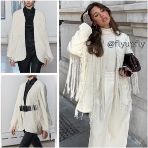 Zara Tweed Textured Fringe Structured  Jacket Ecru Size M